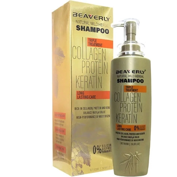 شامپو بیورلی کلاژن پروتئین کراتین طلایی اصل بدون سولفات 800 میل | BEAVERLY Shampoo Triple Treatment Collagen Protein Keratin Sulfate free 800ml